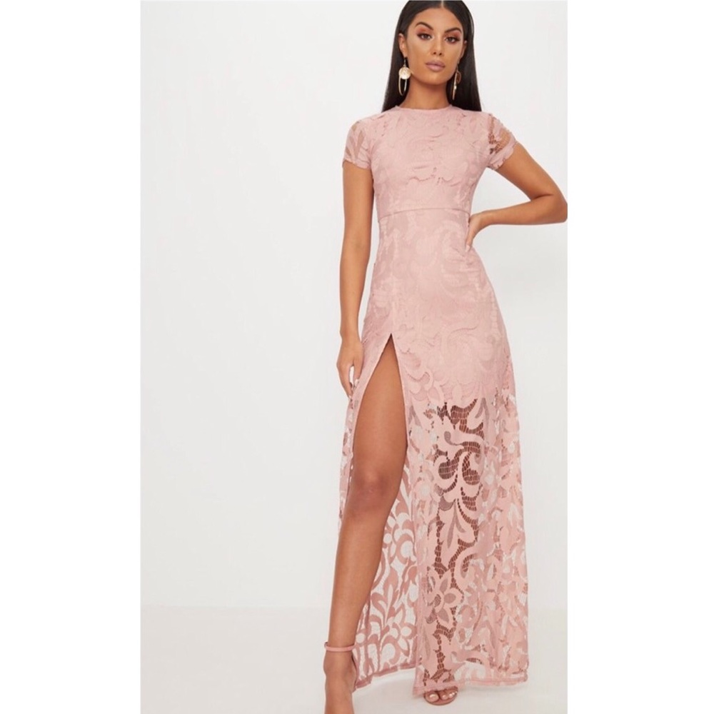 Nude lace Maxi dress with extreme split size 2 NWT